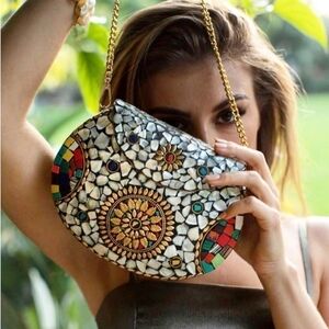 RAMLA Official Handmade Moroccan Mosaic Tile Bag Red White NWT